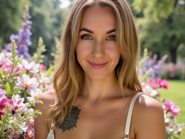 Misstyk, avec ses cheveux blonds ondulés, ses yeux verts, sa robe blanche à bretelles et son tatouage noir sur la poitrine, sourit dans un jardin rempli de fleurs. Ses seins sont petits et elle est mignonne..