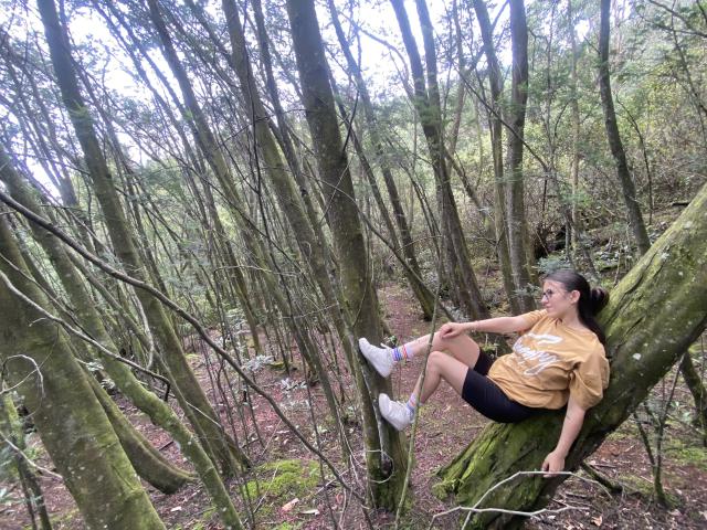 KatiaRogers with long brown hair, wearing a yellow shirt and black shorts, standing on grass, pointing forward, white sneakers, her ass and back to the camera.