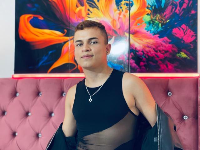 LeonAdams, muscular, cute, short brown hair, black sleeveless top, sheer black section, necklace, black jacket off, pink tufted couch, colorful abstract painting in background, smiling, confident.