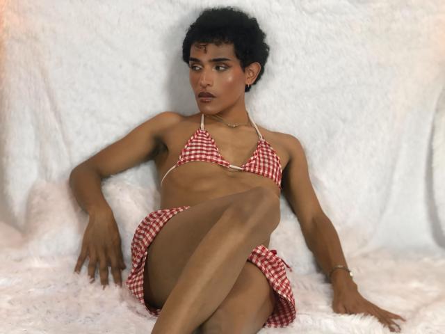 MystHunter, con i capelli neri ricci e corti, indossa un bikini a scacchi rossi e bianchi, mostrando un corpo snello e tonico e piccoli seni, seduta su una superficie bianca e pelosa..