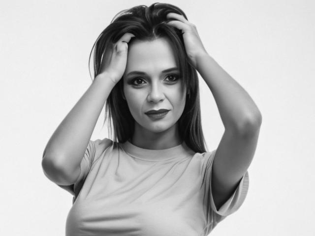 Black-and-white photo of SweeteestJulie with hands in her long hair, wearing a light shirt, looking at the camera with a slight smile, showing her tits subtly.