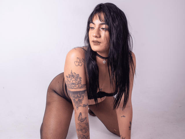 BellaHoffis with black hair, tattoos on arms and side, wearing a black lace bra, hand near chin, looking at camera, showing tits, looking sexy, light skin, confident.