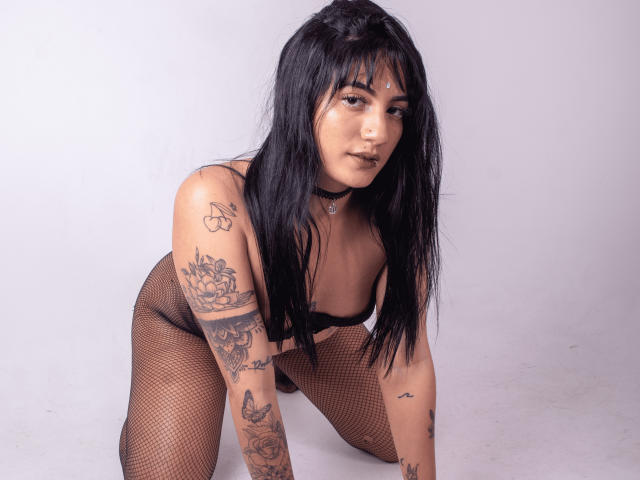BellaHoffis with long black hair, tattoos on arms and chest, wearing black fishnet stockings and choker, kneeling, looking at camera, showing her tits and pussy through the fishnets.