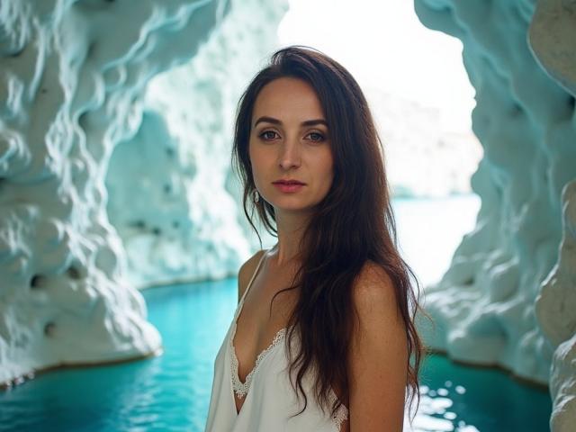 AskMeStandUp has long brown hair, a white lace-trimmed top, showing her small tits, standing in a blue-green icy cave with a calm expression.