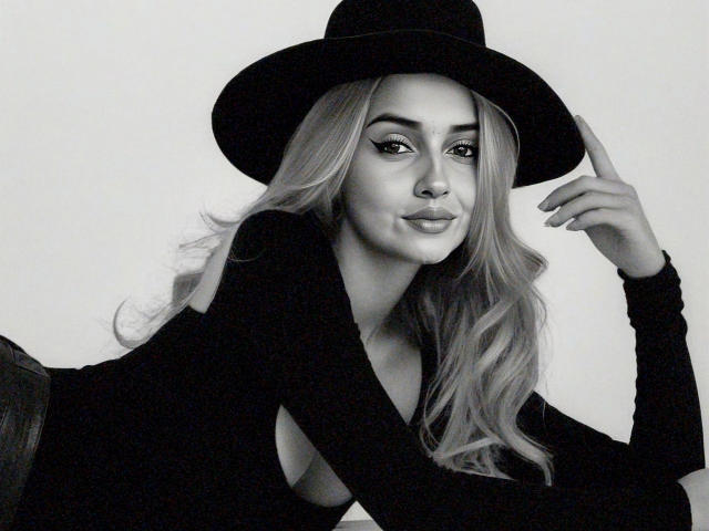 IsaBlonde69 with wavy blonde hair, wearing a black hat, holding it with one hand, black long-sleeve top, and a confident smile, black-and-white photo, sexy, attractive.
