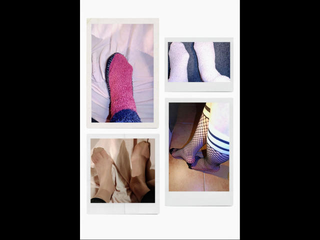Four Polaroid-style photos of feet in different socks: pink fuzzy, white wool, beige socks, and black fishnet. Madamecatsyve-hot's legs and feet in each image.