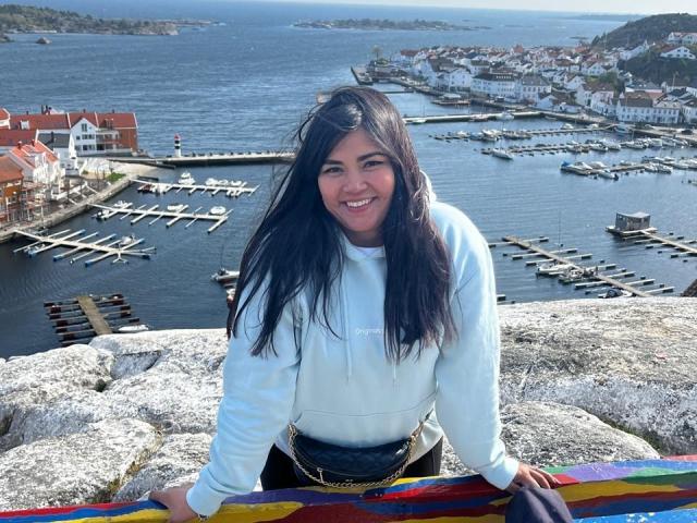 IvySoul with long black hair, smiling, wearing a light blue hoodie, standing on rocky cliff, holding a colorful blanket, blue eyes, cute, attractive, medium tits, coastal town in background.