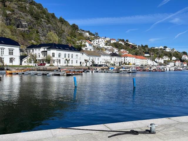 A bunch of white, two-story buildings with black roofs and red roofs by a calm, blue-watered harbor. Boats are docked, and IvySoul's reflection is in the water.