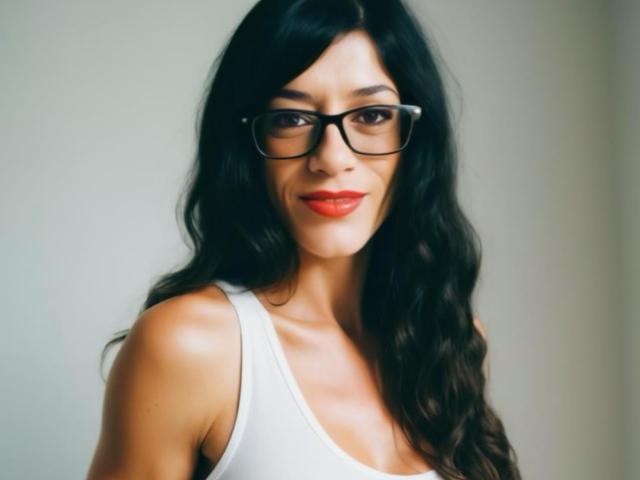 CheryMarina with long black wavy hair, wearing black glasses and a white tank top, showing off her tits and red lipstick, smiling at the camera.