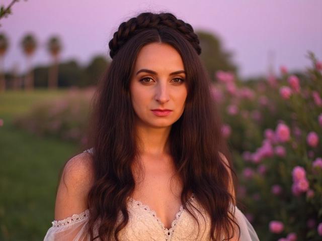 AskMeStandUp has long brown wavy hair with a braided crown, wearing a white off-shoulder dress, standing in a pink-pink sunset, with pink flowers in the background.