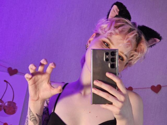 ShellyLove69 with pink hair and black cat ears, holding a phone, raising her hand, showing tattoos, wearing a black top, under purple lighting. Boobs visible.