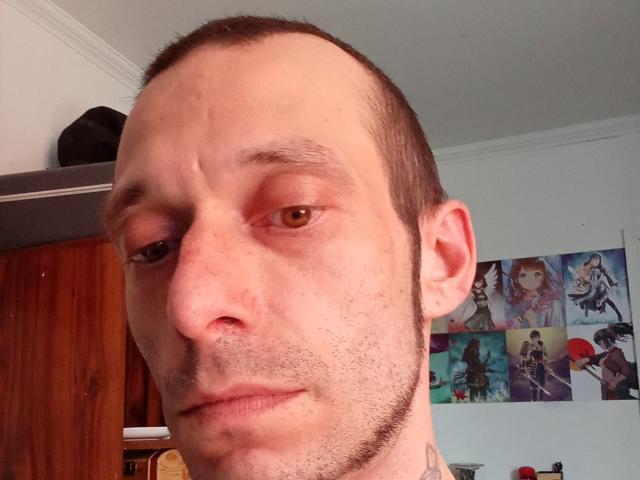 Cumguys69's face, bald with a small goatee, brown eyes, slightly red eyes, light skin, small tattoo on neck, wooden cabinet, anime posters on wall, casual selfie.
