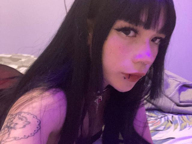 een kat met zwart haar, een neusring en een lip-piercing, een tatoeage op de bovenarm, gekleed in een zwarte top, paars licht, kijkt naar de camera, een bed op de achtergrond..