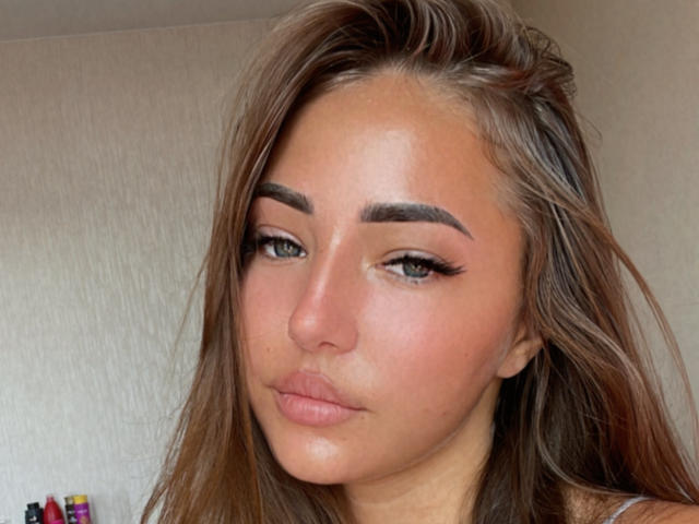 Miliaana's face, with her brown eyes, thick eyebrows, and long brown hair, has a slight pout and a smooth, tan complexion. Her makeup includes winged eyeliner and pink lips.