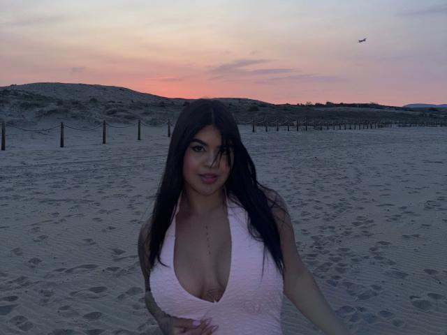 Una donna con lunghi capelli neri, che indossa una maglia rosa, scollata e con texture, che mette in mostra un seno abbondante, è in piedi su una spiaggia sabbiosa al tramonto, tenendo leggermente abbassata la maglia..