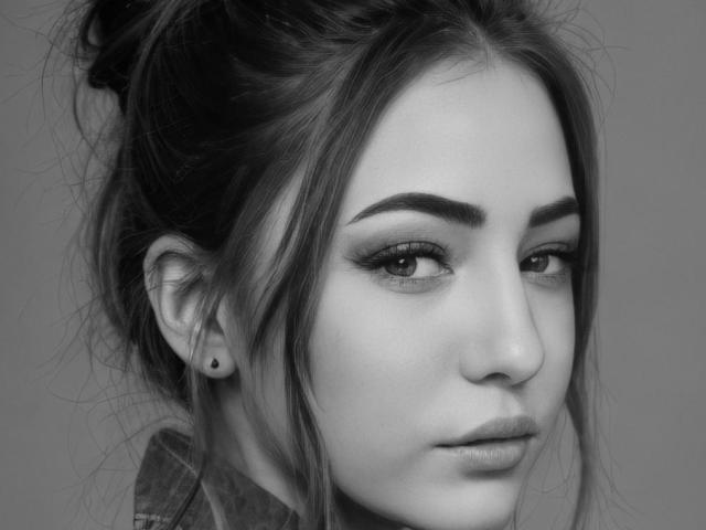 black and white photo of Miliaana with dark eyebrows, eyeliner, small black ear earring, and slightly parted lips, looking to the side, wearing a plaid shirt.