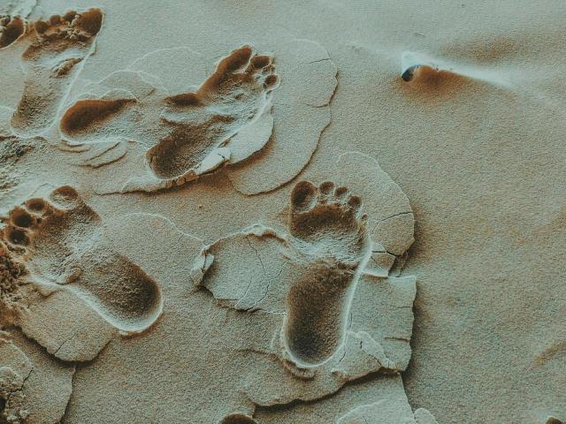 Cracked sand footprints of Coco25-hot, showing detailed toes and soles, with a small shadow to the right. Sand is textured, with visible cracks and slight moisture.
