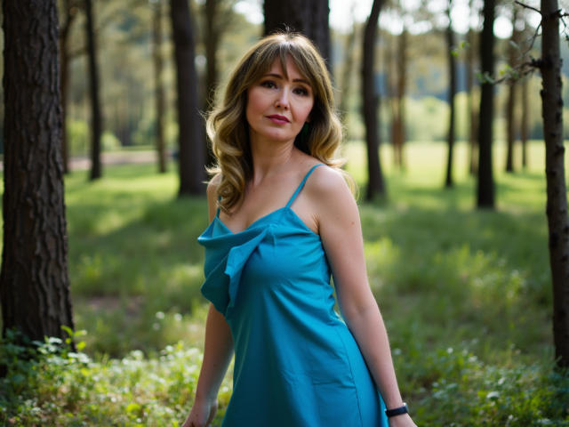 JustineFlirt ha i capelli biondi e ondulati, indossa un abito color turchese con un fiocco, è in piedi in una foresta, guarda leggermente di lato con un sorriso appena accennato, la luce del sole è soffusa..