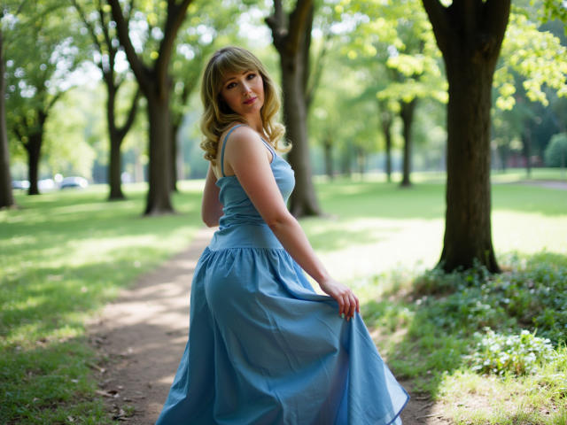 Justine, met krullend blond haar in een blauwe jurk, houdt de rok vast, staat op een zandpad in een zonnig park en kijkt terug met een lichte glimlach..