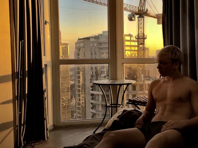 DesireCharlie is a shirtless, blonde dude with glasses, sitting on a bed, wearing only underwear, looking out a window at a sunset cityscape with cranes.