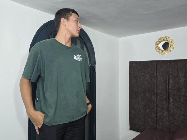 DavidLatinX, standing, green t-shirt, black pants, hands in pockets, short dark hair, white walls, dark door, brown wall panel, gold mirror, looking to the right, casual.