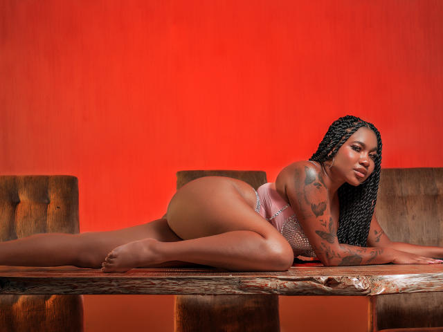 NickyThopsom with dark skin, braided hair, and tattoos, wearing a colorful fishnet dress, sits on a kitchen counter, legs spread, showing her tits and ass. Barefoot, sexy.