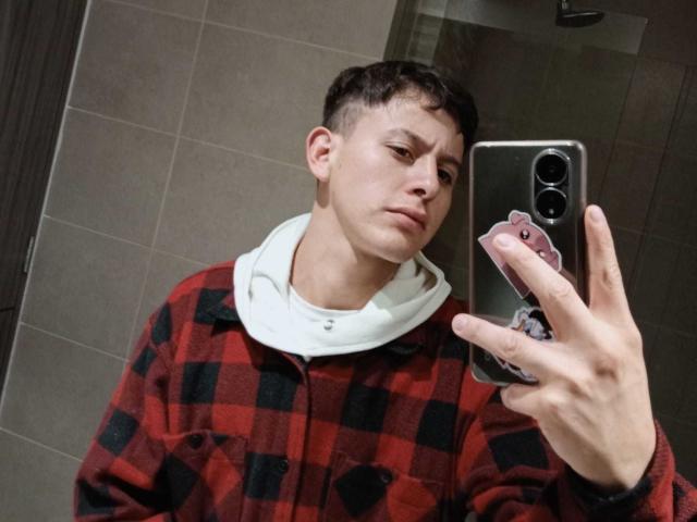 AlanCorss, avec des cheveux bruns courts, une chemise à carreaux rouge et noire, un sweat à capuche blanc, tenant un téléphone pour un selfie dans un miroir, avec une expression contrariée, un mur en carrelage brun en arrière-plan, le téléphone a un support rose..