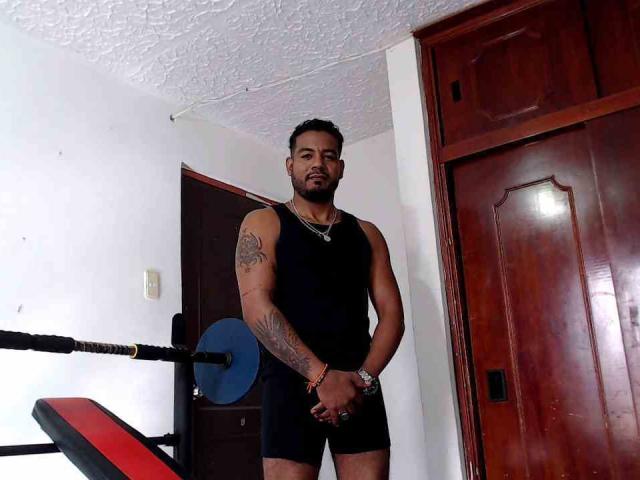 BladeFire se tient dans une pièce, vêtu d'un débardeur noir et d'un short. Il a un tatouage sur le bras droit. Une porte en bois se trouve à droite, et une barre de musculation avec des poids bleus est à gauche..