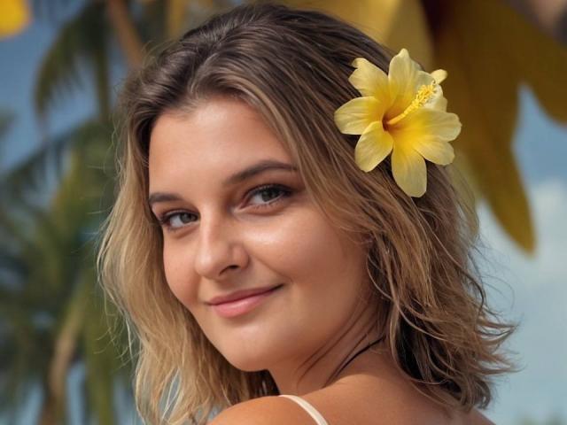 AssiaS mit blonden, gewellten Haaren, einem gelben Hibiskusblumen im Haar, lächelnd, blauen Augen, trägt ein weißes Oberteil, blickt über ihre Schulter, klare Haut, niedlich, tropische Umgebung..