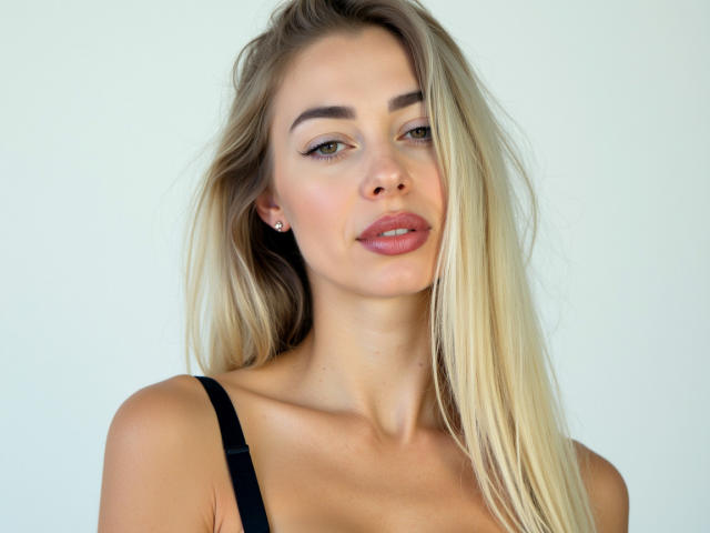 MargaritaBeauty has blonde hair, green eyes, and full pink lips. She's wearing a black strap, showing her tits and wearing small earrings. She's smiling slightly.