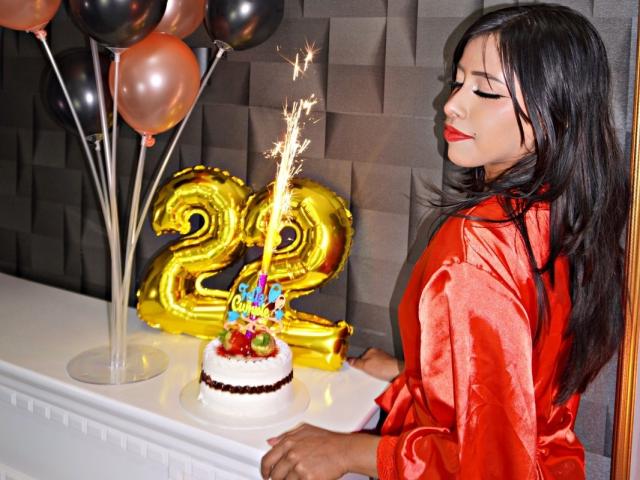 CaterinaRomano with dark hair, red satin shirt, red lipstick, eyes closed, standing by white table with "22" gold balloons, sparkler, and white cake with fruit.