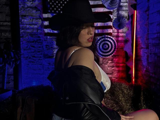 RachelWildest with medium tits in a white lace bra, black leather jacket off, black hat, blue eyes, dark wavy hair, sitting, blue and red neon lights, American flag background.