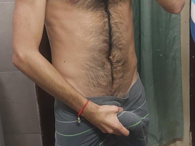 LapijArgie69, shirtless with hairy chest, wearing grey striped underwear, hand covering their hairy, flaccid penis, red bracelet on left wrist, in a bathroom setting.