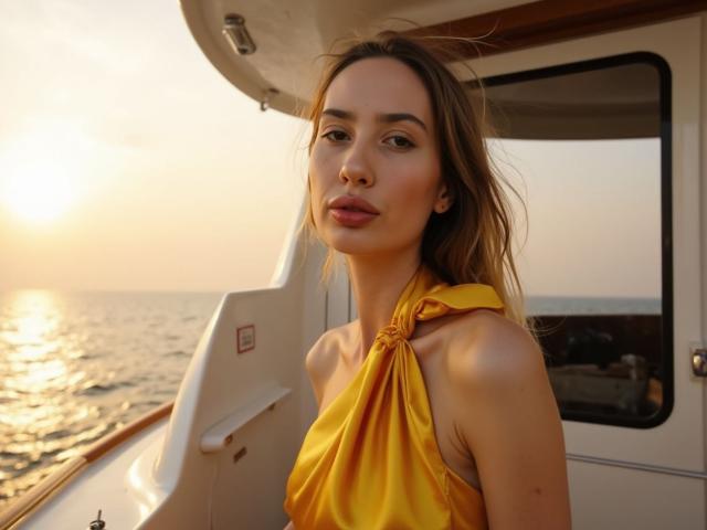 ElzaKomx with loose brown hair, wearing a yellow halter top, standing on a boat at sunset, looking slightly to the side with a relaxed, confident expression.