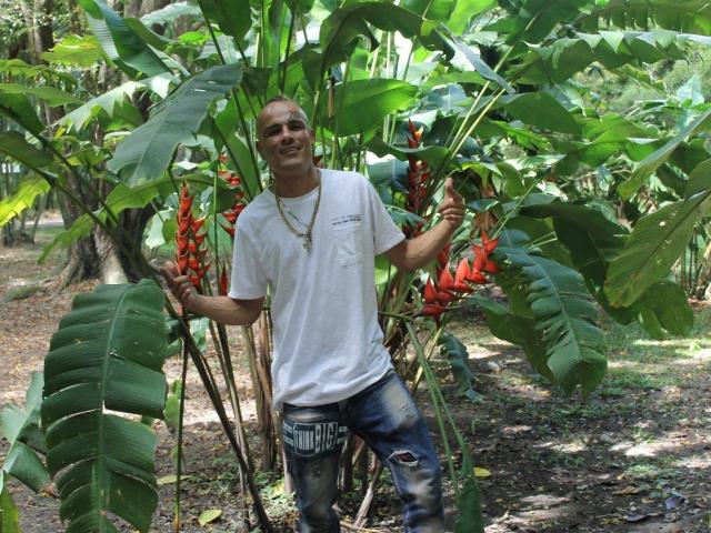 StrongAlan stands in a jungle, holding red banana flowers with large green leaves. He's wearing a white tee and ripped jeans, smiling with a necklace, looking happy.