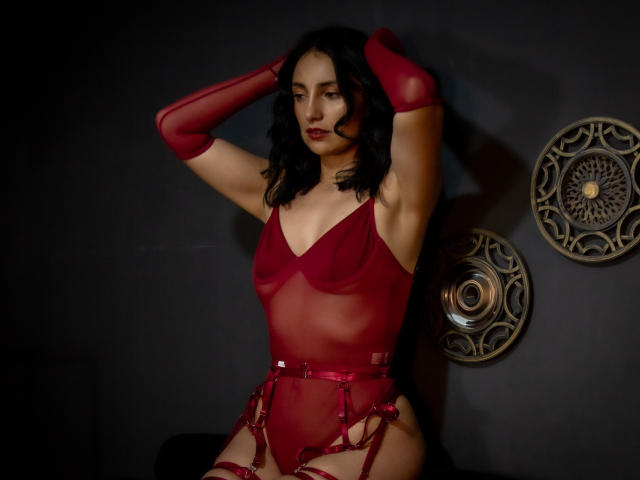 Sammy Hoffman, en lingerie rouge transparente avec bretelles, des gants assortis et des cheveux noirs ondulés, les bras levés, montrant de petites seins et des fesses fines et sexy, sur un fond sombre..