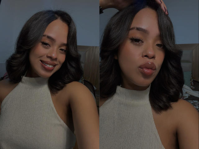 LiaHilton with medium brown skin, wavy black hair, and full lips, wearing a grey sleeveless turtleneck, smiling on the left and pouting on the right.