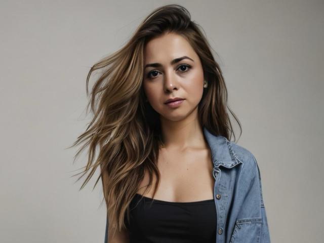 HottestSmile with long, wavy brown hair, wearing a denim jacket over a black top, has a serious expression, and small, visible breasts.