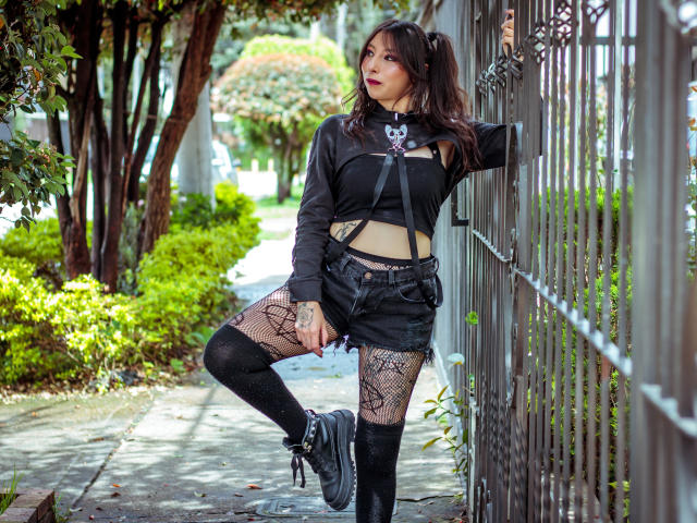 EssledthAnne with black crop top, skull necklace, black shorts, lace-patterned tights, and black knee socks, leaning against a fence, one leg raised, showing her pussy through the tights.