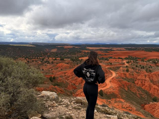 SunnyLeila with brown hair, black hoodie, and black leggings, standing on rocky cliff, facing red rock canyon, back to camera, cloudy sky overhead, winding road in valley.