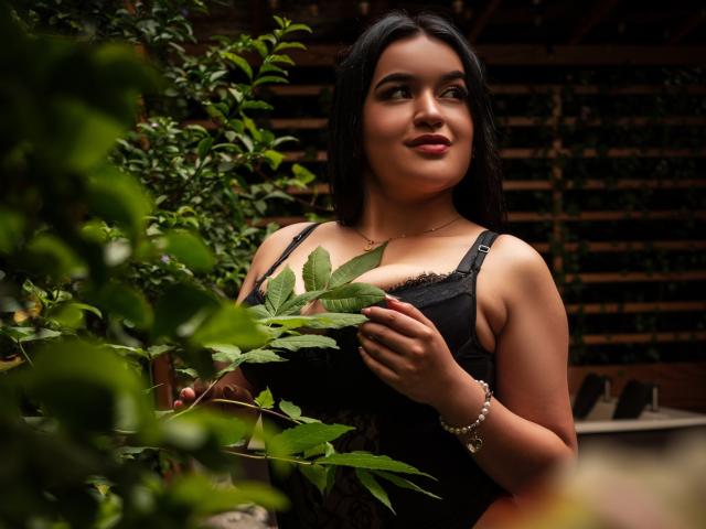 AliceMillerlu with dark hair, black lace dress, holding green leaves, looking up, smiling, brown eyes, medium tits, bracelet on right wrist, outdoor, greenery in foreground.