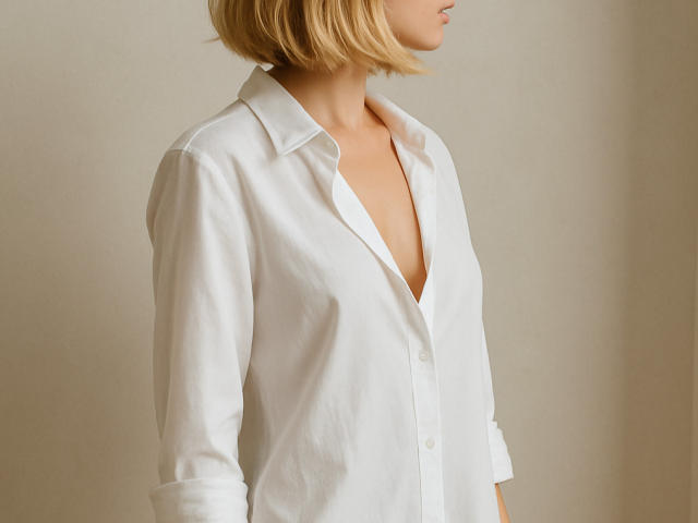 Rorria with blonde bob wearing a loose white shirt, partially open to reveal a deep, modest cleavage. Soft, natural light.