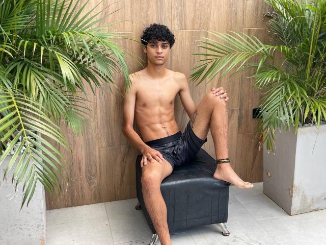 WorldSexxxADS, shirtless, curly black hair, tan skin, toned abs, wearing black shiny shorts, sitting on black ottoman, one leg raised, green palm leaves on sides, tattoo on right thigh.