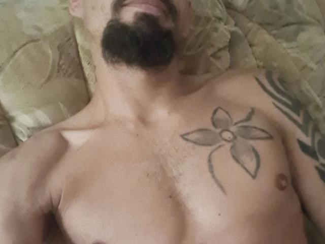 Martinleck54-hot's topless torso with a black flower tattoo on the right pectoral, a thick beard, and a tattooed arm, lying on a patterned bed.