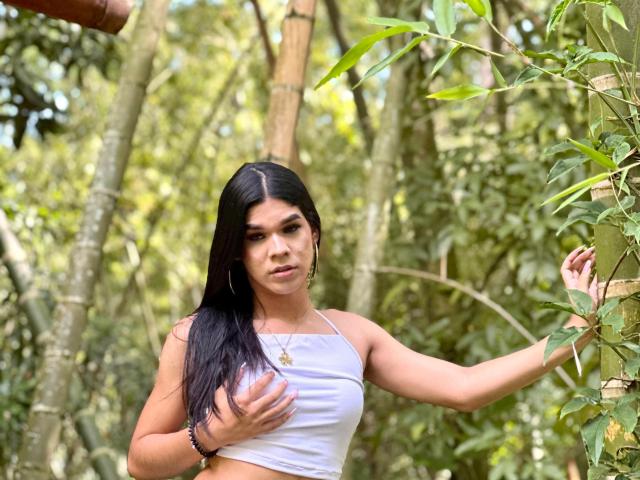 KataHot69 with long black hair, white crop top, covering her tits, standing in a bamboo forest, looking at camera, hand on tree, gold necklace, bracelet, serious expression.