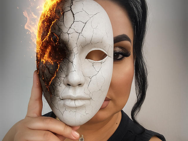 GoddessXDeborah holding a white mask with a cracked, fiery right side. Her dark eyebrows are thick and her eyes are closed. She's wearing a black top.