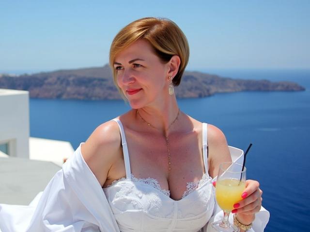 FeliziaStar with short red hair, white lace bra, and off-shoulder shirt, holding a glass of orange drink with a straw, sitting by a blue ocean. Boobs, tits, sunny.