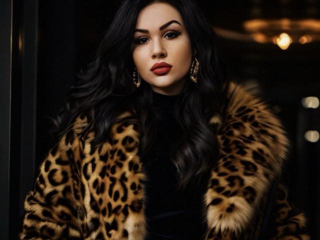 InkedFaye, avec ses longs cheveux noirs, porte une veste en fourrure à motifs léopard, un haut noir et des boucles d'oreilles dorées. Elle a du rouge à lèvres et une expression sérieuse, et se tient dans un espace faiblement éclairé..