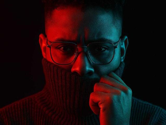 OrfeoJames with dark skin, red and blue lighting, wearing a ribbed turtleneck and glasses, covering his mouth with his hand, looking intense. His curly hair is visible.