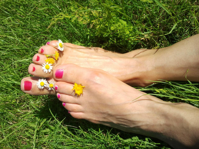 De blote voeten van EtoileMilf, met roze nagellak, liggen op het gras, met drie witte margrietjes met gele centra, één op elke teen..